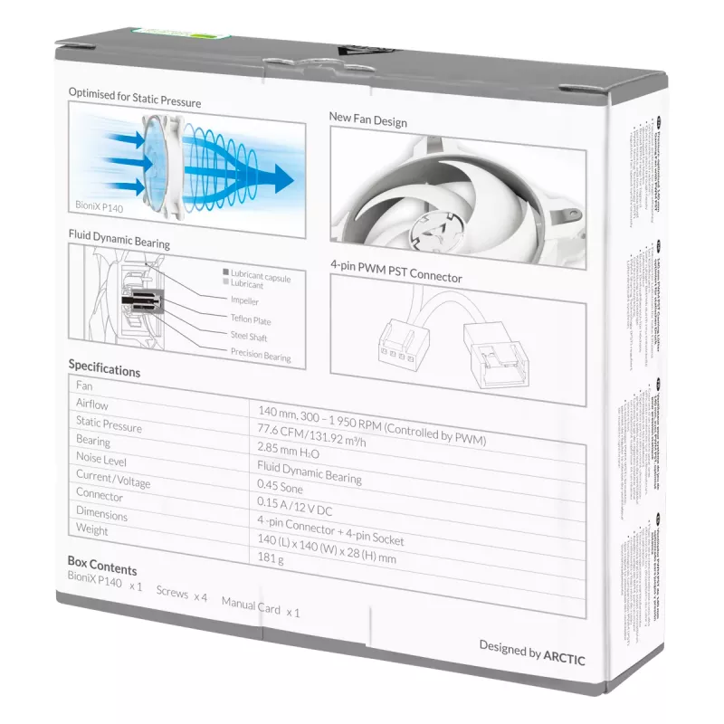 ARCTIC BioniX P140 (hall/Valge) – Rõhuoptimeeritud 140 mm mänguriventilaator koos PWM PST-ga