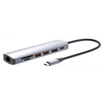 Manhattan USB-C dokk/jaotur kaardilugejaga, pordid (x5): Ethernet, HDMI, USB-A (x2) ja USB-C, toiteedastusega (PD) 100 W – vajab välist USB-C laadijat (ei kuulu komplekti). USB-toitega (välist toiteallikat pole vaja), kui PD ei ole kasutusel