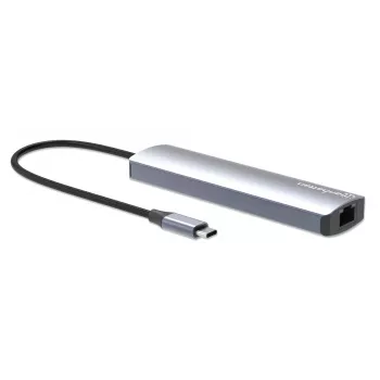 Manhattan USB-C dokk/jaotur kaardilugejaga, pordid (x5): Ethernet, HDMI, USB-A (x2) ja USB-C, toiteedastusega (PD) 100 W – vajab välist USB-C laadijat (ei kuulu komplekti). USB-toitega (välist toiteallikat pole vaja), kui PD ei ole kasutusel