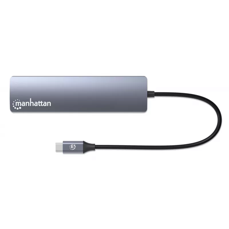 Manhattan USB-C dokk/jaotur kaardilugejaga, pordid (x5): Ethernet, HDMI, USB-A (x2) ja USB-C, toiteedastusega (PD) 100 W – vajab välist USB-C laadijat (ei kuulu komplekti). USB-toitega (välist toiteallikat pole vaja), kui PD ei ole kasutusel