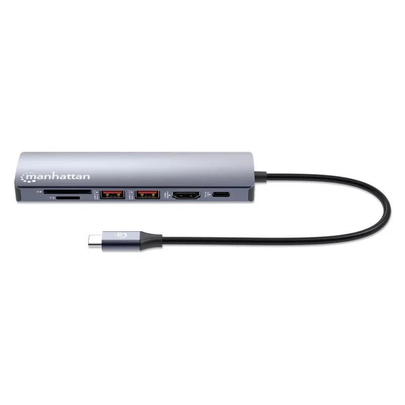 Manhattan USB-C dokk/jaotur kaardilugejaga, pordid (x5): Ethernet, HDMI, USB-A (x2) ja USB-C, toiteedastusega (PD) 100 W – vajab välist USB-C laadijat (ei kuulu komplekti). USB-toitega (välist toiteallikat pole vaja), kui PD ei ole kasutusel