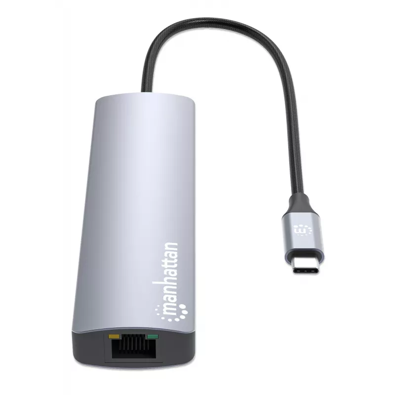 Manhattan USB-C dokk/jaotur kaardilugejaga, pordid (x5): Ethernet, HDMI, USB-A (x2) ja USB-C, toiteedastusega (PD) 100 W – vajab välist USB-C laadijat (ei kuulu komplekti). USB-toitega (välist toiteallikat pole vaja), kui PD ei ole kasutusel