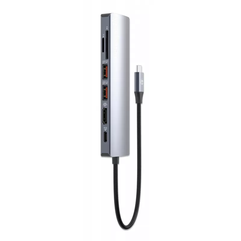 Manhattan USB-C dokk/jaotur kaardilugejaga, pordid (x5): Ethernet, HDMI, USB-A (x2) ja USB-C, toiteedastusega (PD) 100 W – vajab välist USB-C laadijat (ei kuulu komplekti). USB-toitega (välist toiteallikat pole vaja), kui PD ei ole kasutusel