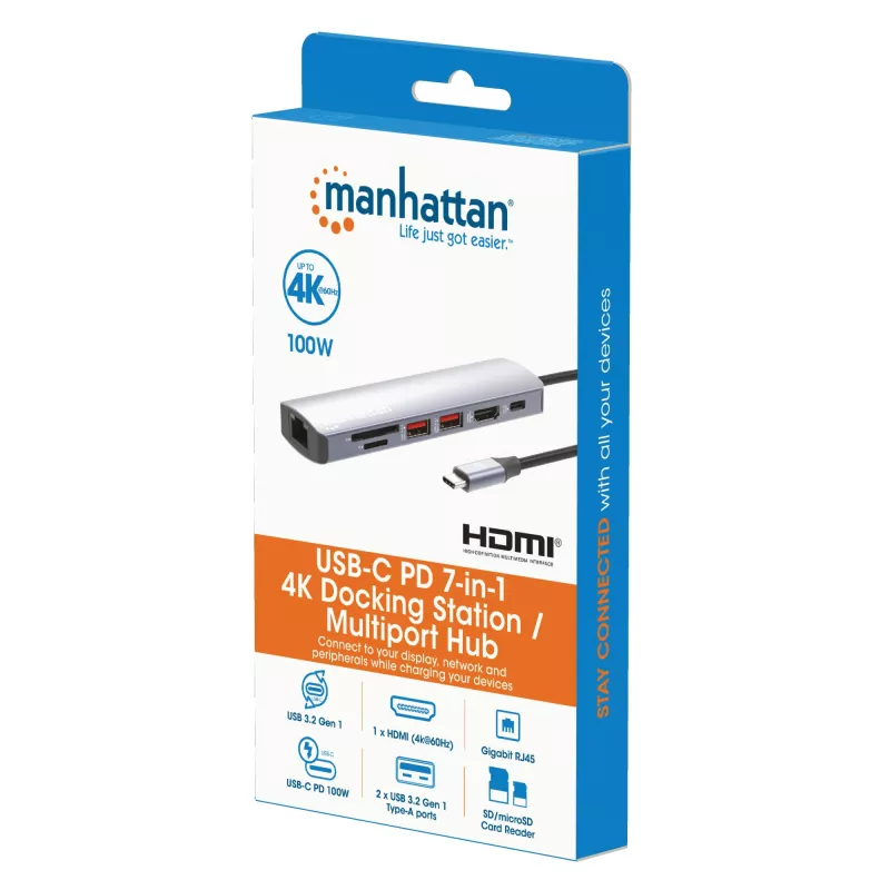 Manhattan USB-C dokk/jaotur kaardilugejaga, pordid (x5): Ethernet, HDMI, USB-A (x2) ja USB-C, toiteedastusega (PD) 100 W – vajab välist USB-C laadijat (ei kuulu komplekti). USB-toitega (välist toiteallikat pole vaja), kui PD ei ole kasutusel
