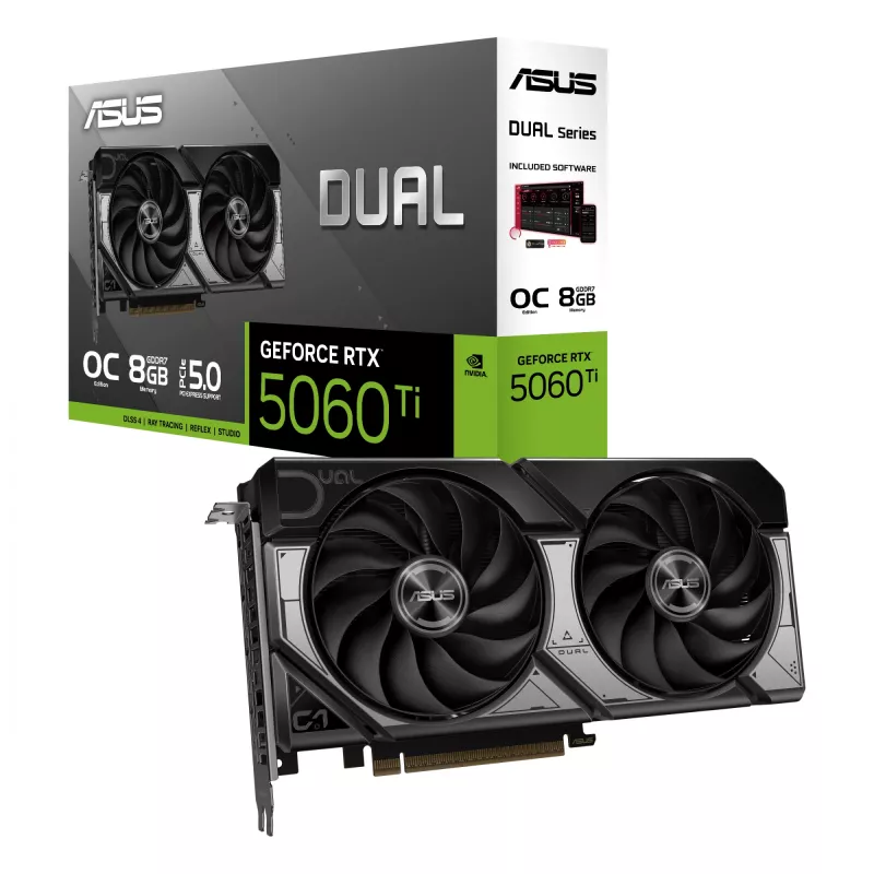 Graafikakaart ASUS GeForce RTX 5060 Ti 8 GB GDDR7, PCIe 5.0, 128-bit, 2602 MHz boost, 2,5 pesa, 229 mm