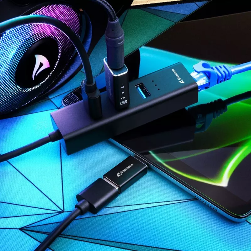 SHARKOON USB-keskus - 3-port USB 3.2 Gen 1 Alu + Ethernet must