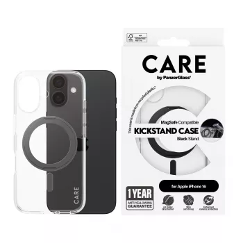 PanzerGlass CARE™ by ® läbipaistev ümbris musta tugijalaga ja MagSafe iPhone 16