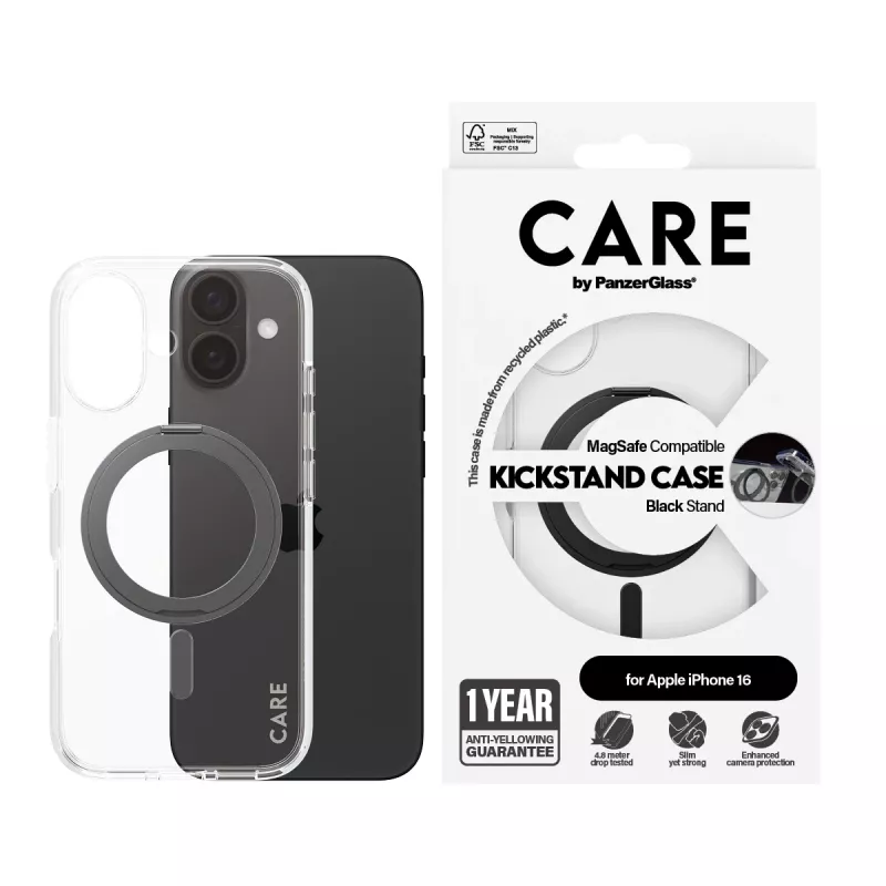 PanzerGlass CARE™ by ® läbipaistev ümbris musta tugijalaga ja MagSafe iPhone 16