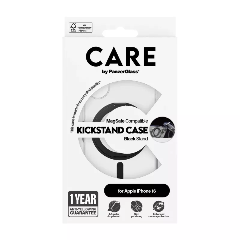 PanzerGlass CARE™ by ® läbipaistev ümbris musta tugijalaga ja MagSafe iPhone 16