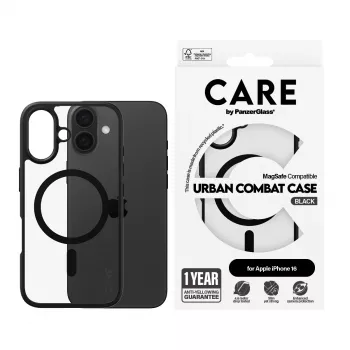PanzerGlass CARE™ by ® Urban Combat Case läbipaistev musta raami ja MagSafe'iga iPhone 16