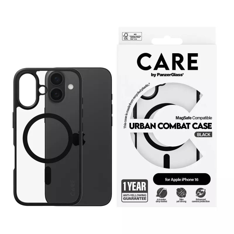 PanzerGlass CARE™ by ® Urban Combat Case läbipaistev musta raami ja MagSafe'iga iPhone 16