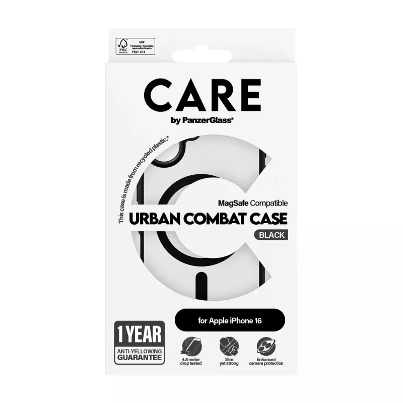 PanzerGlass CARE™ by ® Urban Combat Case läbipaistev musta raami ja MagSafe'iga iPhone 16
