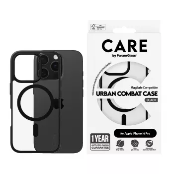 PanzerGlass CARE™ by ® Urban Combat Case Transparent w. Black Frame & MagSafe iPhone 16 Pro