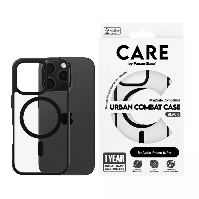 PanzerGlass CARE™ by ® Urban Combat Case Transparent w. Black Frame & MagSafe iPhone 16 Pro