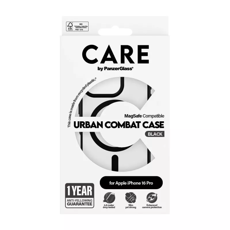 PanzerGlass CARE™ by ® Urban Combat Case Transparent w. Black Frame & MagSafe iPhone 16 Pro