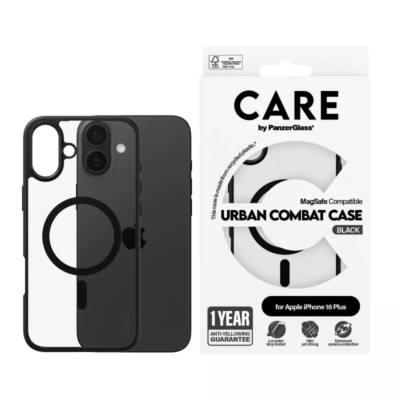 PanzerGlass CARE™ by ® Urban Combat Case Transparent w. Black Frame & MagSafe iPhone 16 Plus