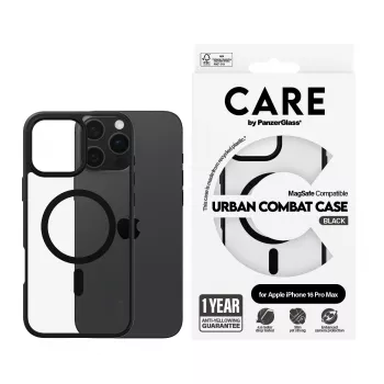 PanzerGlass CARE™ by ® Urban Combat Case Transparentne musta raamiga ja MagSafe’iga iPhone 16 Pro Max