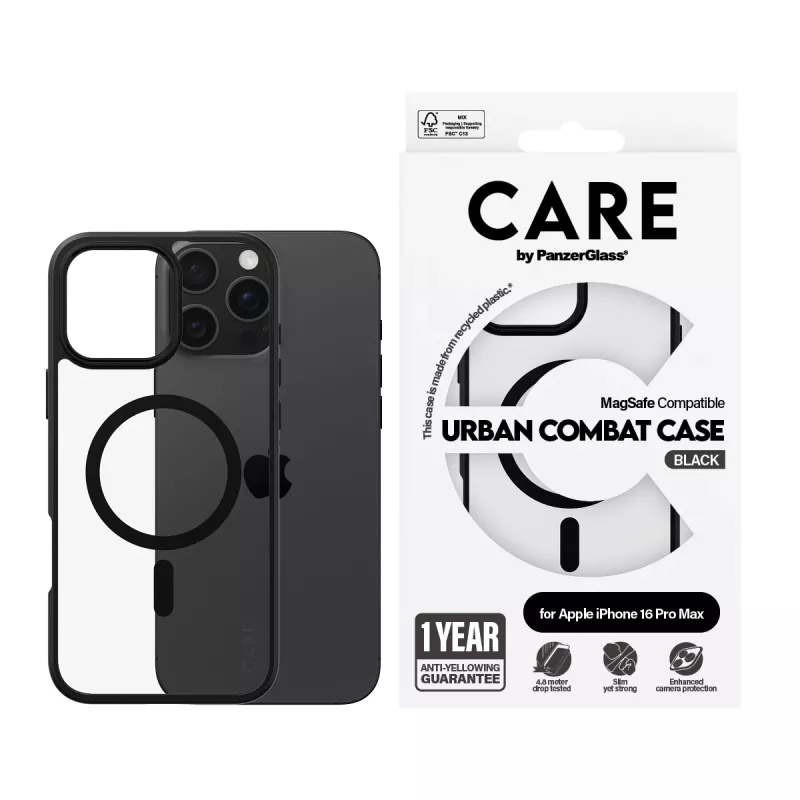PanzerGlass CARE™ by ® Urban Combat Case Transparentne musta raamiga ja MagSafe’iga iPhone 16 Pro Max