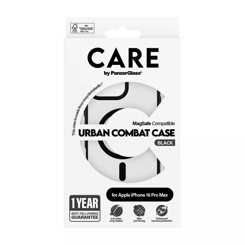 PanzerGlass CARE™ by ® Urban Combat Case Transparentne musta raamiga ja MagSafe’iga iPhone 16 Pro Max