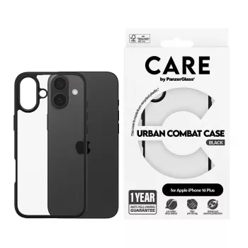 PanzerGlass CARE™ by ® Urban Combat Case läbipaistev musta raamiga iPhone 16 Plus
