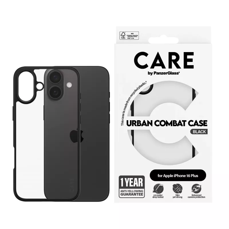 PanzerGlass CARE™ by ® Urban Combat Case läbipaistev musta raamiga iPhone 16 Plus