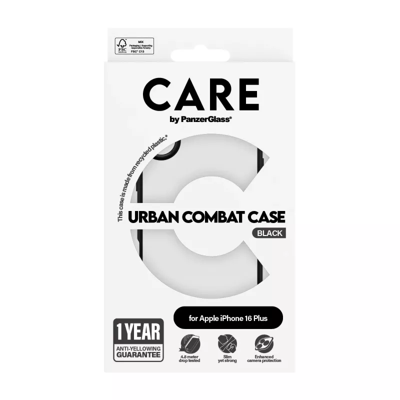 PanzerGlass CARE™ by ® Urban Combat Case läbipaistev musta raamiga iPhone 16 Plus