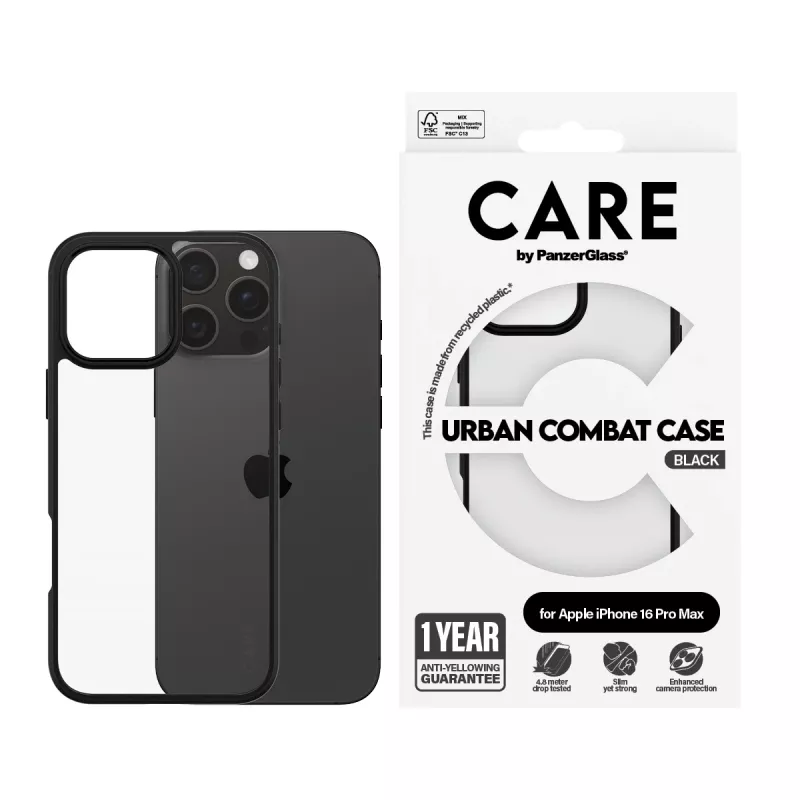 PanzerGlass CARE™ by ® Urban Combat Case Transparent w. Black Frame iPhone 16 Pro Max