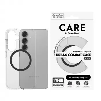 PanzerGlass CARE™ by ® Urban Combat ümbris läbipaistev mustaga Qi ühilduv Samsung Galaxy S25