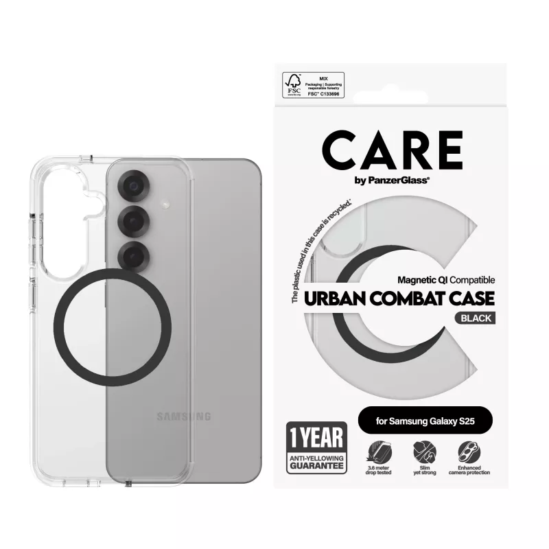 PanzerGlass CARE™ by ® Urban Combat ümbris läbipaistev mustaga Qi ühilduv Samsung Galaxy S25