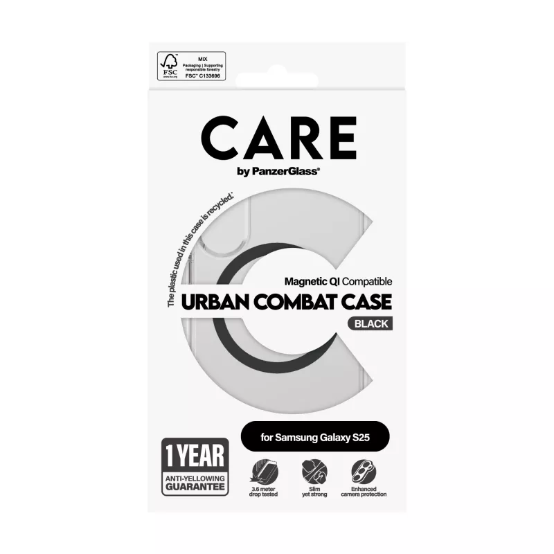 PanzerGlass CARE™ by ® Urban Combat ümbris läbipaistev mustaga Qi ühilduv Samsung Galaxy S25