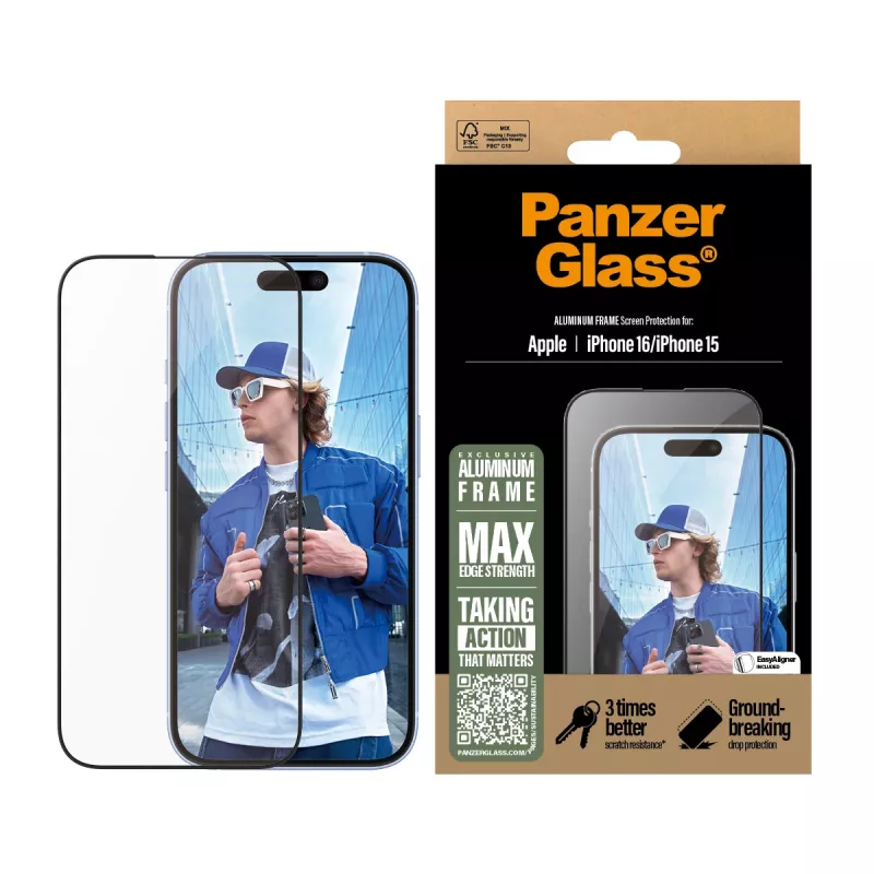 PanzerGlass ® ekraanikaitse alumiiniumraamiga iPhone 16 | 15 | Ultra-Wide Fit