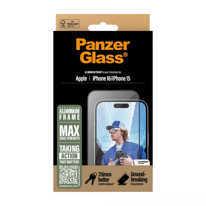 PanzerGlass ® ekraanikaitse alumiiniumraamiga iPhone 16 | 15 | Ultra-Wide Fit
