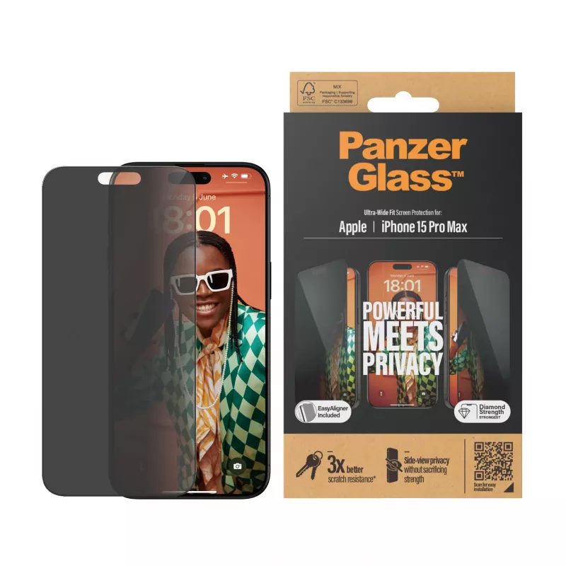 PanzerGlass ® privaatsusekraanikaitsja iPhone 15 Pro Max | Ultra-Wide Fit koos EasyAligneriga