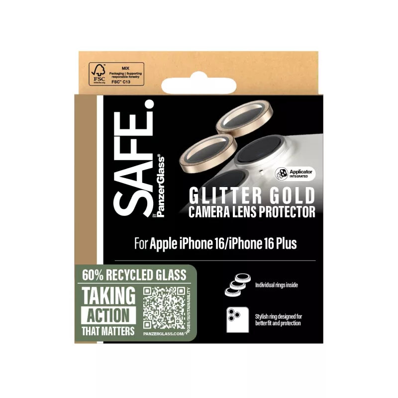 PanzerGlass SAFE. by ® kaameraobjektiivi kaitseklaas Glitter Gold iPhone 16 | 16 Plus