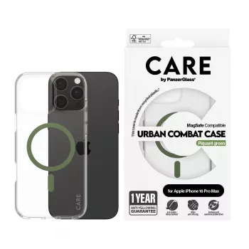 PanzerGlass CARE™ by ® Urban Combat Case Transparent w. Green MagSafe iPhone 16 Pro Max