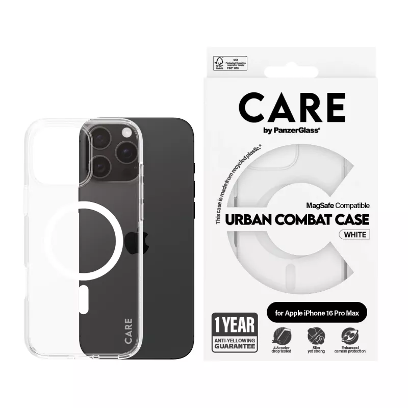 PanzerGlass CARE™ by ® Urban Combat Case läbipaistev valge MagSafe'iga iPhone 16 Pro Max