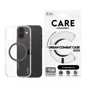 PanzerGlass CARE™ by ® Urban Combat ümbris läbipaistev musta MagSafe'iga, iPhone 16 jaoks