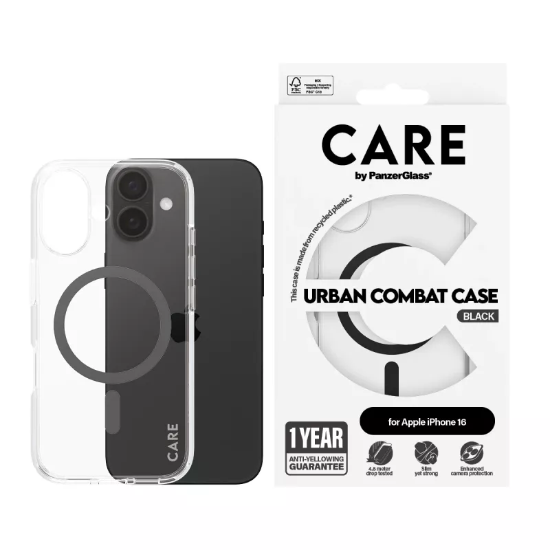 PanzerGlass CARE™ by ® Urban Combat ümbris läbipaistev musta MagSafe'iga, iPhone 16 jaoks