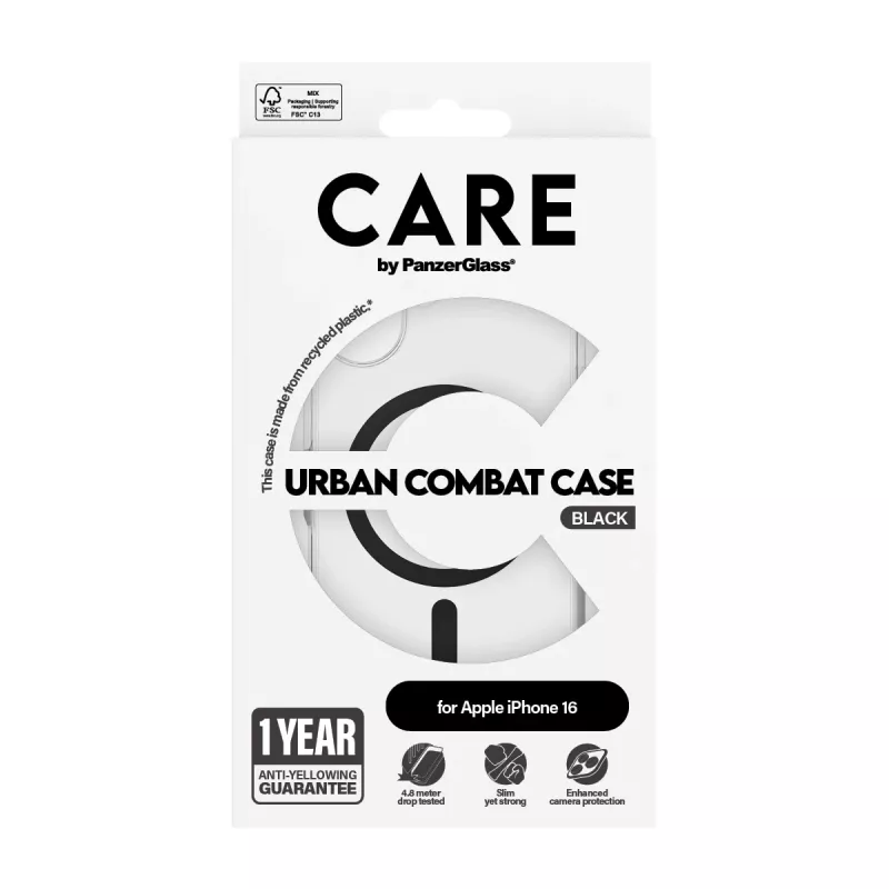 PanzerGlass CARE™ by ® Urban Combat ümbris läbipaistev musta MagSafe'iga, iPhone 16 jaoks