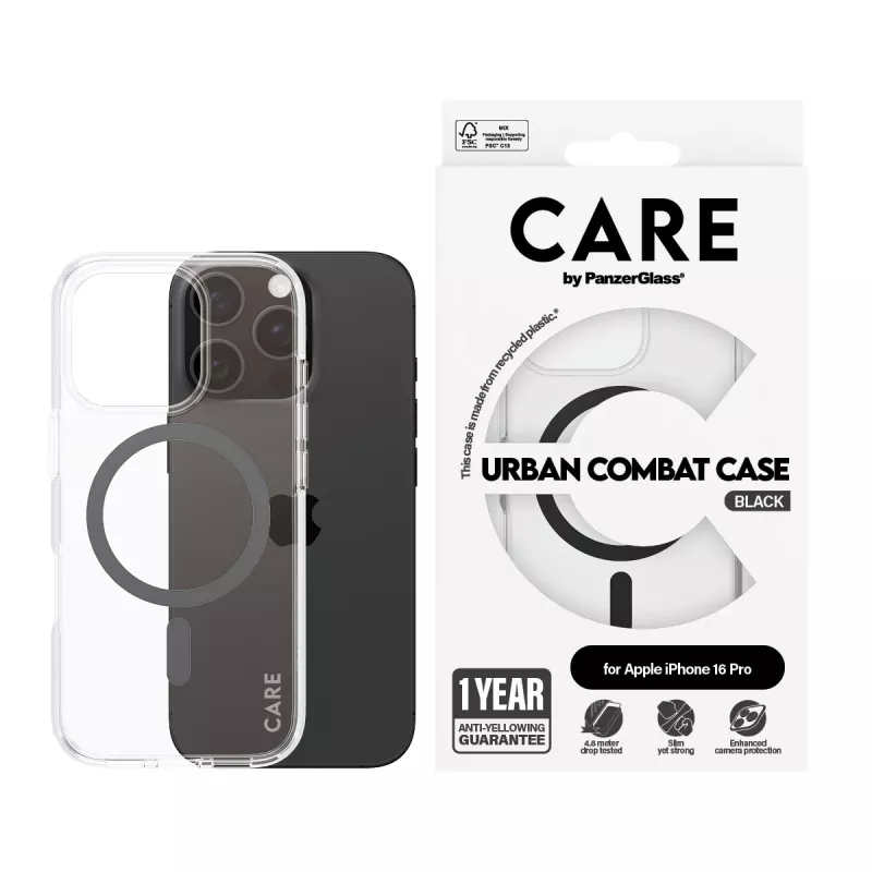 PanzerGlass CARE™ by ® Urban Combat Case Läbipaistev musta MagSafe'iga iPhone 16 Pro jaoks