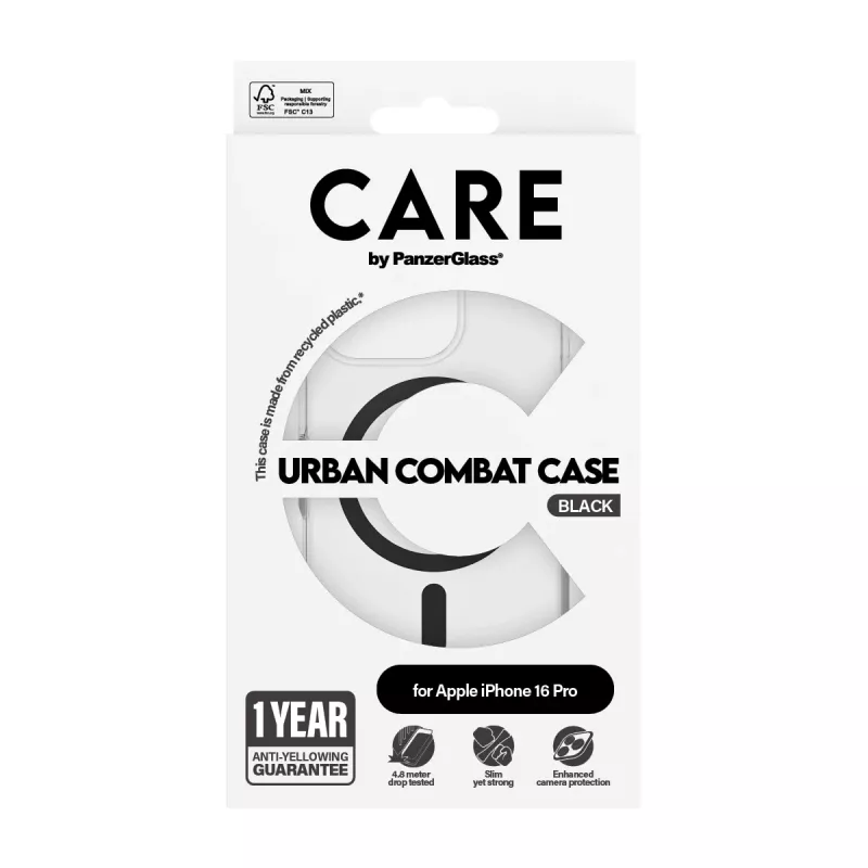 PanzerGlass CARE™ by ® Urban Combat Case Läbipaistev musta MagSafe'iga iPhone 16 Pro jaoks