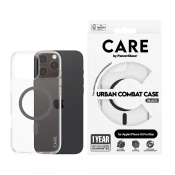 PanzerGlass CARE™ by ® Urban Combat ümbris läbipaistev musta MagSafe'iga iPhone 16 Pro Max