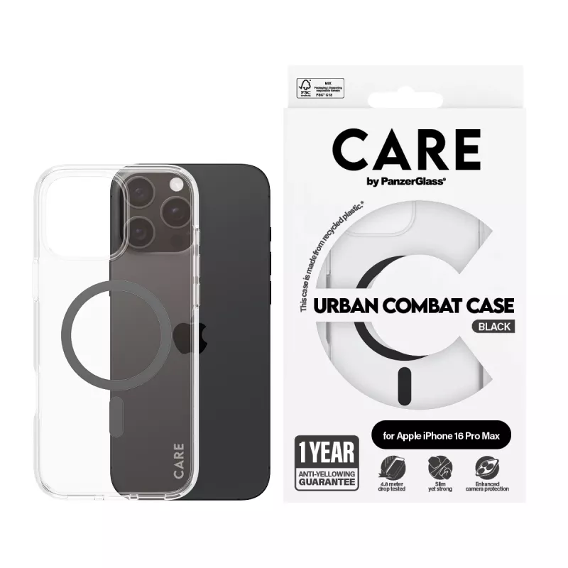 PanzerGlass CARE™ by ® Urban Combat ümbris läbipaistev musta MagSafe'iga iPhone 16 Pro Max