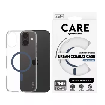PanzerGlass CARE™ by ® Urban Combat ümbris läbipaistev sinise MagSafe'iga iPhone 16 Plus