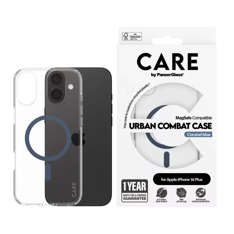 PanzerGlass CARE™ by ® Urban Combat ümbris läbipaistev sinise MagSafe'iga iPhone 16 Plus