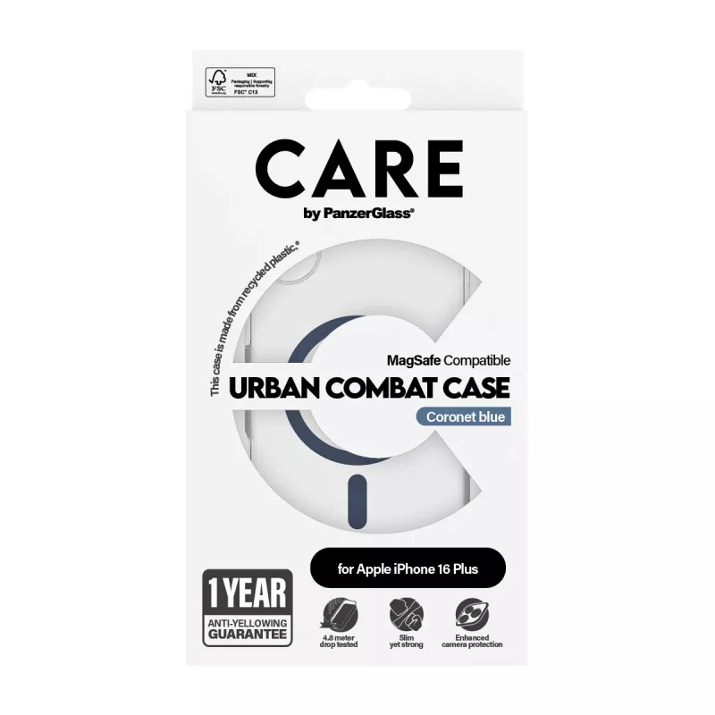 PanzerGlass CARE™ by ® Urban Combat ümbris läbipaistev sinise MagSafe'iga iPhone 16 Plus