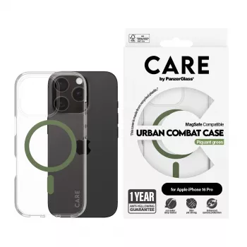 PanzerGlass CARE™ by ® Urban Combat ümbris läbipaistev rohelise MagSafe'iga iPhone 16 Pro