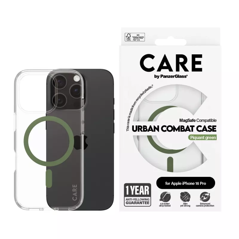 PanzerGlass CARE™ by ® Urban Combat ümbris läbipaistev rohelise MagSafe'iga iPhone 16 Pro