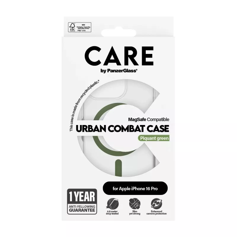 PanzerGlass CARE™ by ® Urban Combat ümbris läbipaistev rohelise MagSafe'iga iPhone 16 Pro