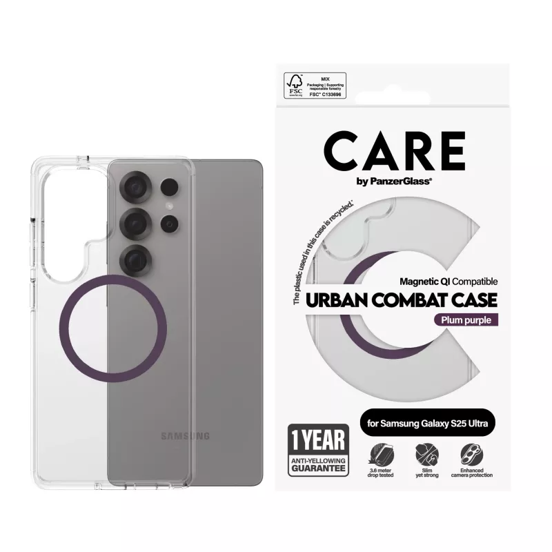 PanzerGlass CARE™ by ® Urban Combat Case läbipaistev ploomililla Qi-ühilduv Samsung Galaxy S25 Ultra